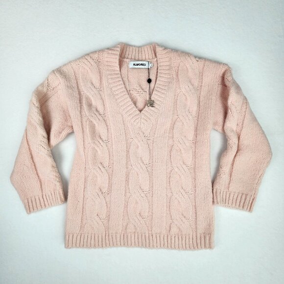 Rumored Sweaters - Rumored Oversized V Neck Cable Knit Sweater Size XS Pink New
